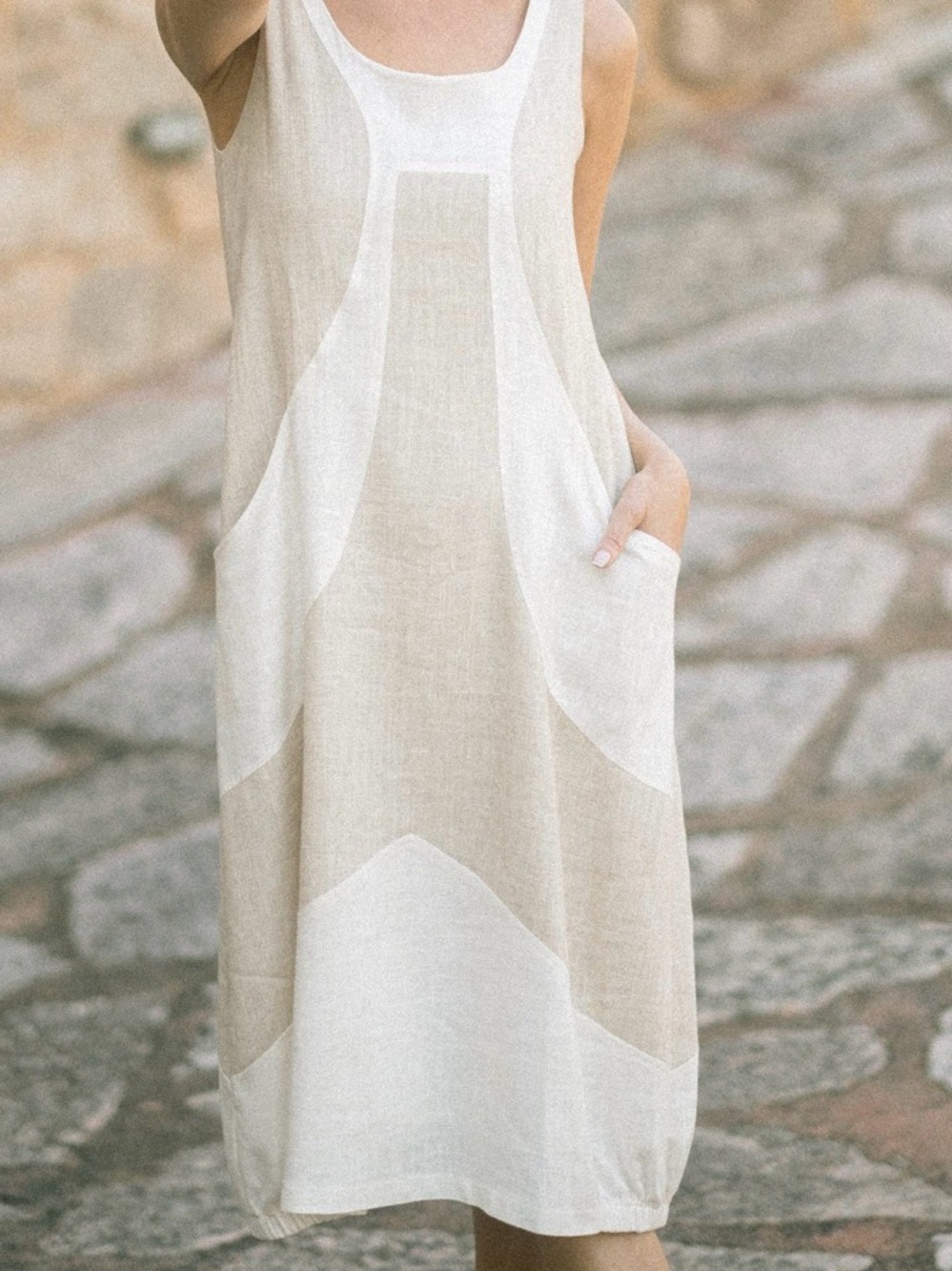 Made in Greece Boho Linen Blend Mediterranean Beach Coastal Midi Dress